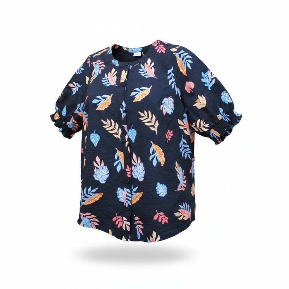 Croft & Barrow Dark Blue Leaves Top Womens Size 1X Button Down